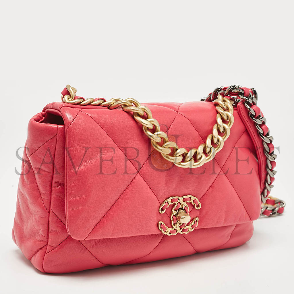 CHANEL PINK QUILTED LEATHER SMALL 19 FLAP BAG AS1160 (26*16*9cm)